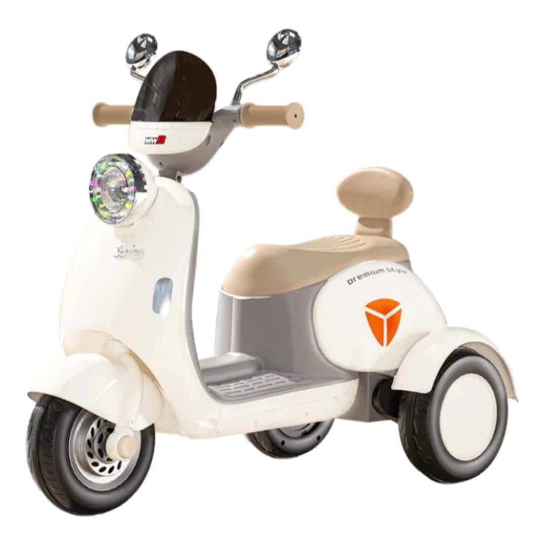 Kids Stylish Vespa Electric Trike with 3 Wheels – Bluetooth, LED Lights & Backrest - Beige - Image 1